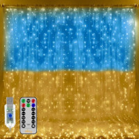 Світлодіодна гірлянда-штора  Прапор України з пультом та USB  патріотичне LED освітлення для вікон, кімнат та святкового декору